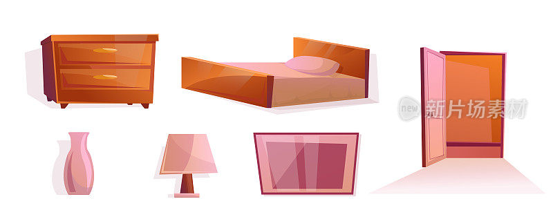 Isolated set of furniture for the interior of the Bedroom. Open door, bed, nightstand, lamp, vase, picture in cartoon style. Vector illustration